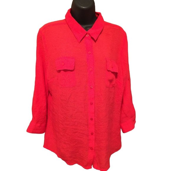 Mystique Aura Blouse Womens Petite XL PXL Coral Pink Top Long Sleeve Semi Sheer - Picture 1 of 7